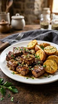 Garlic Steak Bites and Potatoes 2 Delicious Garlic Steak Bites served with crispy potatoes