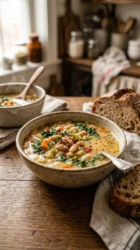 Tuscan White Bean Soup 2 Delicious bowl of Tuscan white bean soup garnished with herbs and served hot.