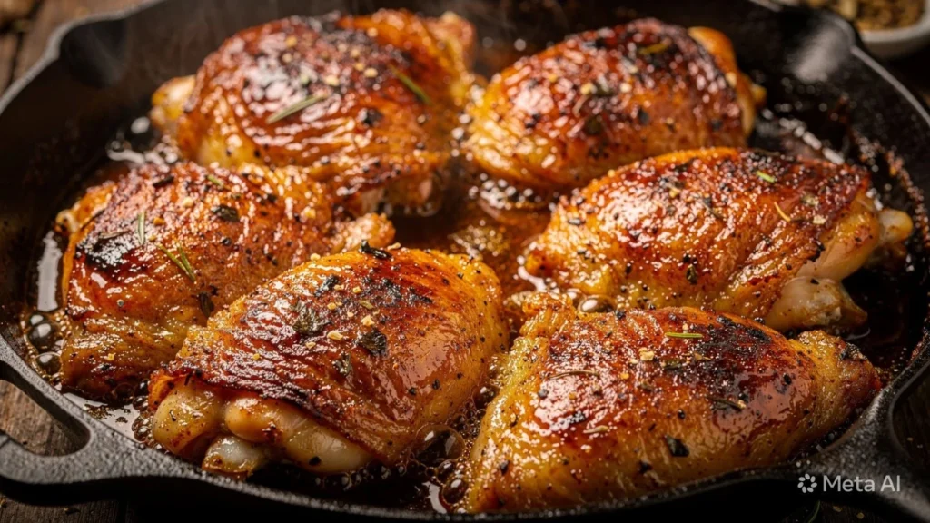 Juicy oven-baked chicken thighs with seasoning on a serving plate