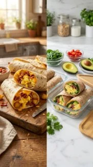 Delicious bacon egg and cheese breakfast burritos ready to be served.