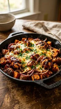 BBQ Chicken Sweet Potato Skillet – Easy One-Pan Dinner 2 BBQ chicken sweet potato skillet served in a pan for a quick dinner