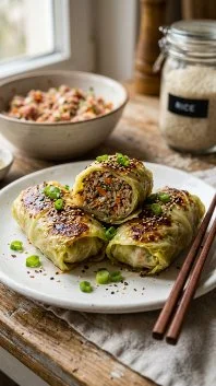 Cabbage Dumplings 2 Plate of flavorful cabbage dumplings served with dipping sauce