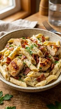 Chicken Bacon Ranch Pasta 2 Delicious Chicken Bacon Ranch Pasta served in a creamy sauce