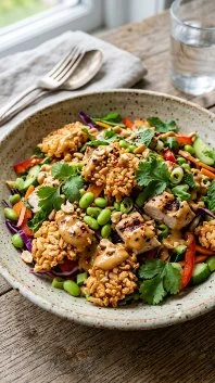 Chicken Crispy Rice Salad with Peanut Dressing 2 Chicken Crispy Rice Salad garnished with peanut dressing and fresh vegetables