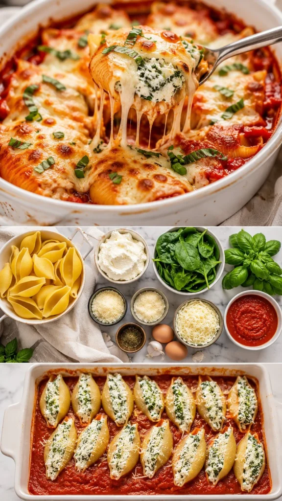 Delicious Cottage Cheese Stuffed Shells on a plate with marinara sauce.