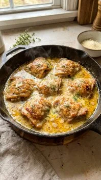 Creamy Oven Baked Chicken Thighs 2 Creamy oven baked chicken thighs garnished with herbs on a plate