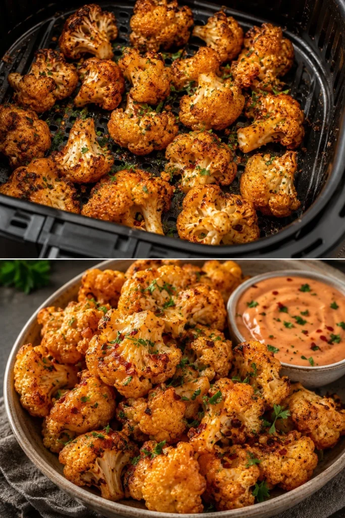 Crispy Air Fryer Bang Bang Cauliflower served in a bowl with dipping sauce.