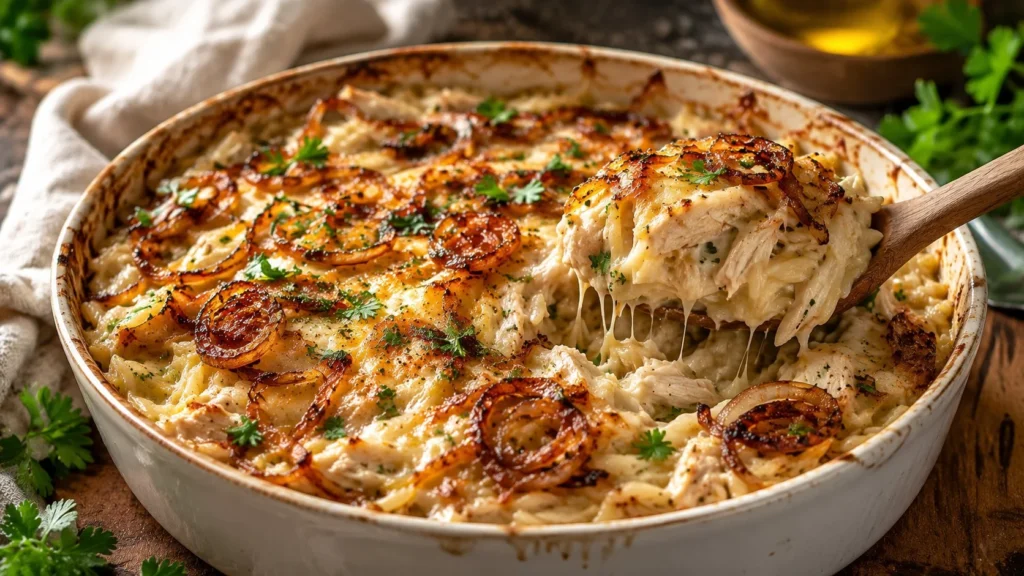 French onion chicken orzo casserole garnished with melted cheese and herbs