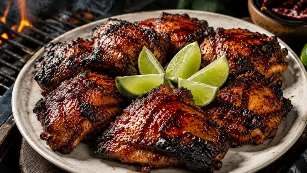 Grilled chicken thighs glazed with ancho chili and tequila