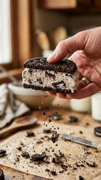 Homemade Oreo ice cream sandwiches with chocolate cookies and vanilla ice cream
