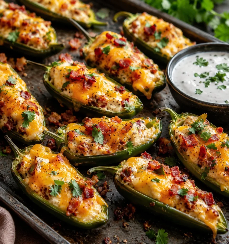 Freshly made jalapeno poppers with cheese filling on a serving platter.