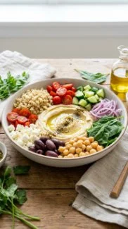 Mediterranean Hummus Bowl 2 Mediterranean hummus bowl garnished with fresh vegetables and herbs