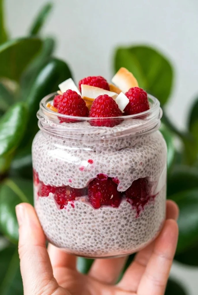 Delicious Raspberry Chia Pudding in a bowl topped with fresh raspberries