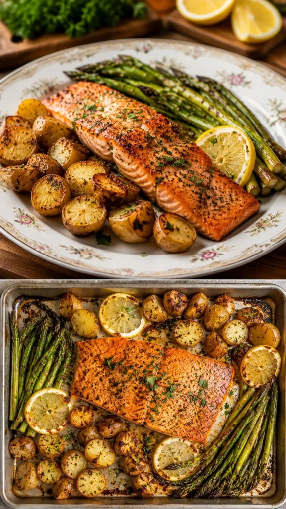 Sheet Pan Salmon Dinner with vibrant veggies and herbs
