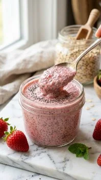 Strawberry milkshake chia pudding topped with fresh strawberries and whipped cream