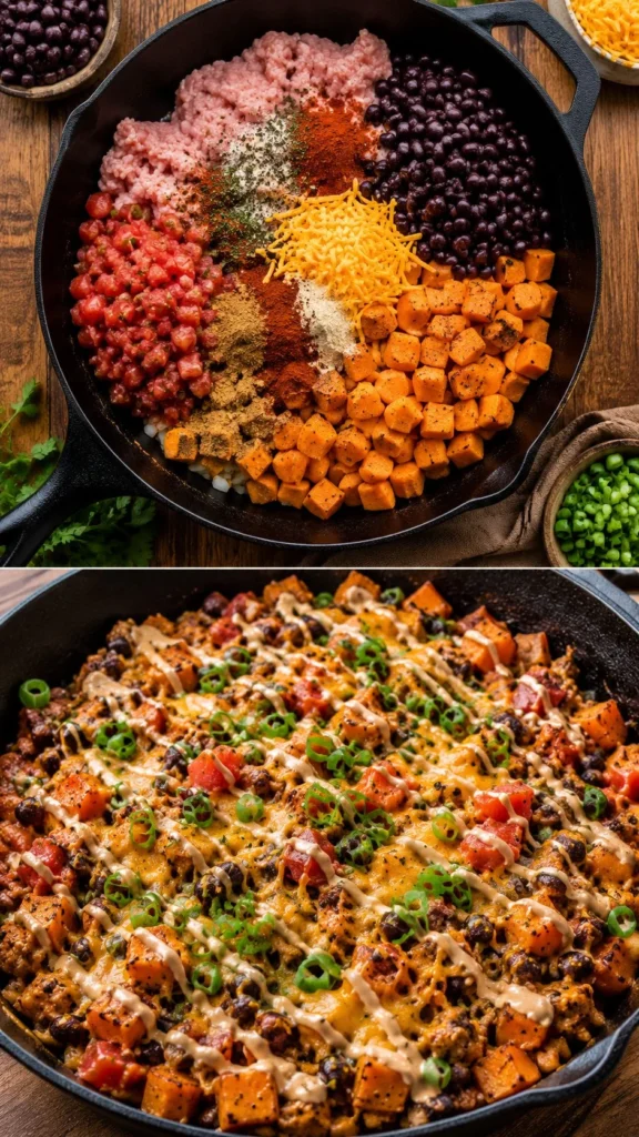 Healthy Turkey Sweet Potato Skillet served on a plate with fresh herbs