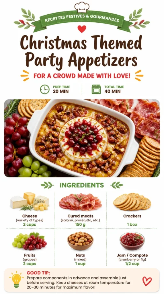 Variety of Christmas themed party appetizers on a festive table.