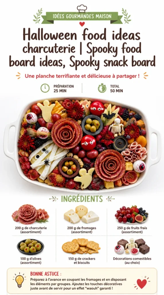 Halloween charcuterie board featuring spooky snacks and treats