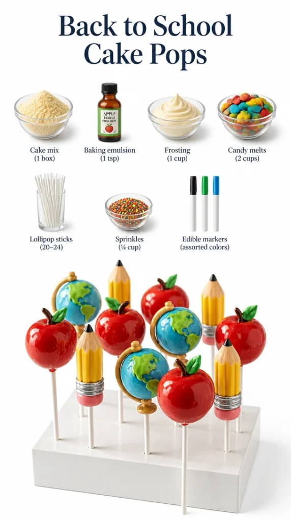Colorful back to school cake pops decorated with school themes