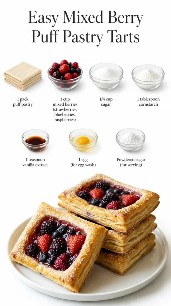 Easy mixed berry puff pastry tarts topped with fresh berries and glaze