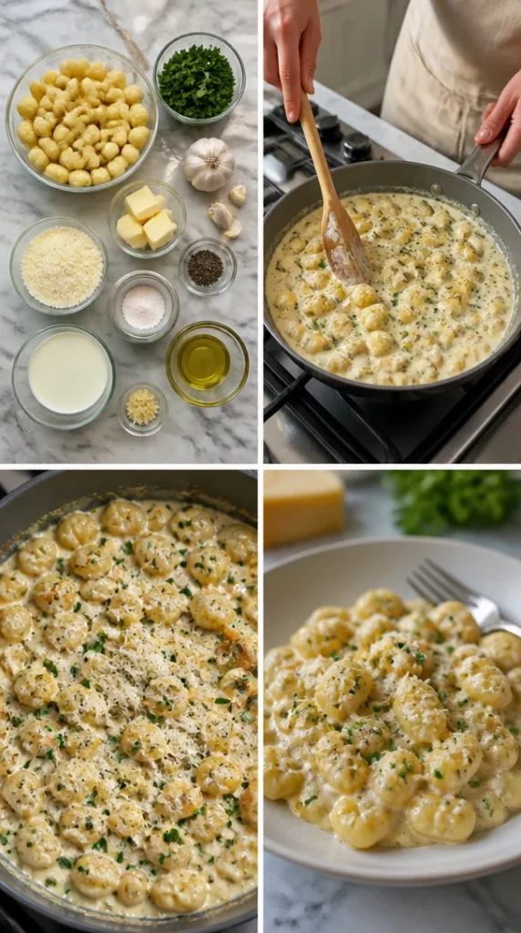 Plate of millionaire gnocchi with creamy sauce garnished with herbs