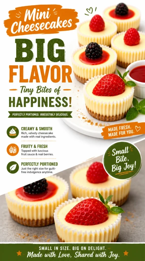 Delicious mini cheesecakes topped with fresh fruit and chocolate drizzle