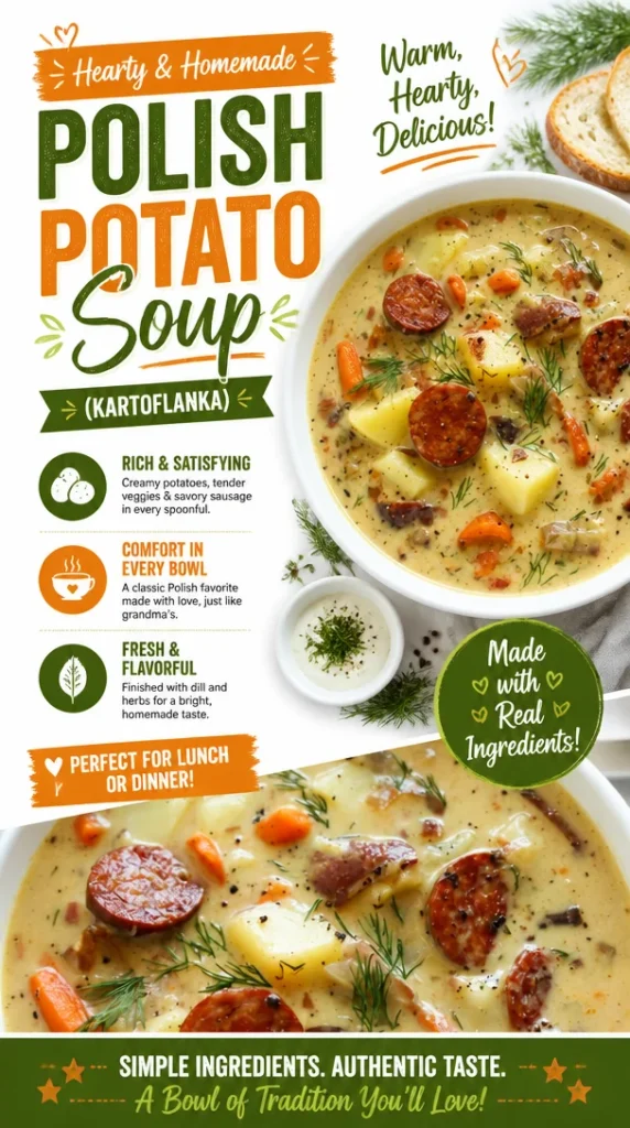 Delicious bowl of Polish Potato Soup garnished with fresh herbs.