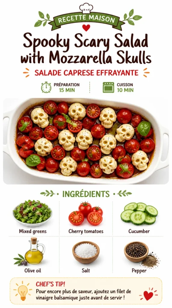 Spooky Scary Salad with mozzarella skulls for Halloween
