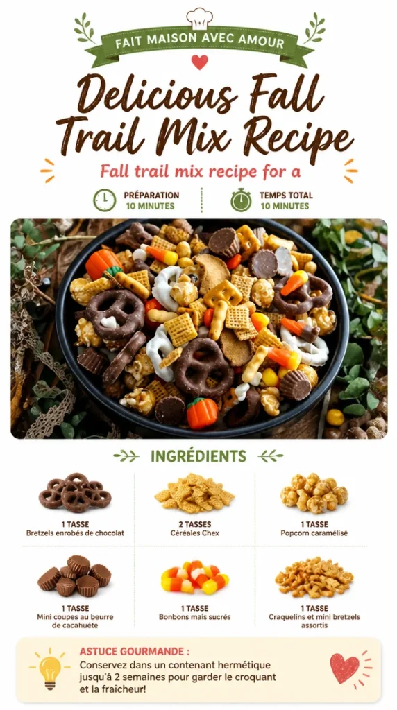 Bowl of delicious fall trail mix with nuts, dried fruits, and candy