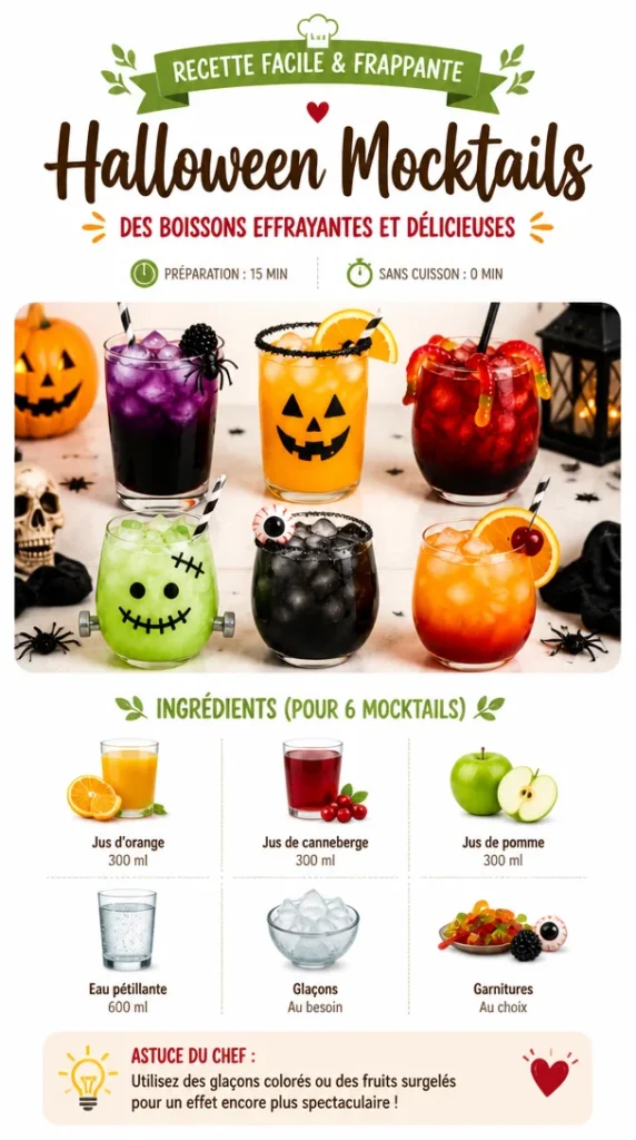 Colorful Halloween Mocktails served in spooky-themed glasses.