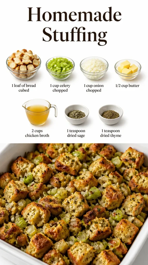 Delicious homemade stuffing prepared with fresh herbs and vegetables