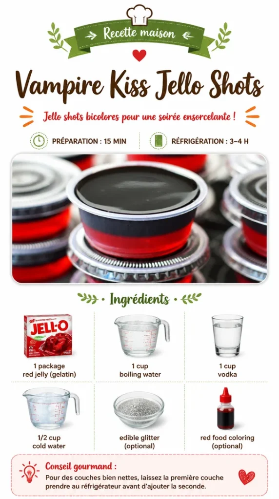 Spooky Vampire Kiss Jello Shots in Halloween themed cups